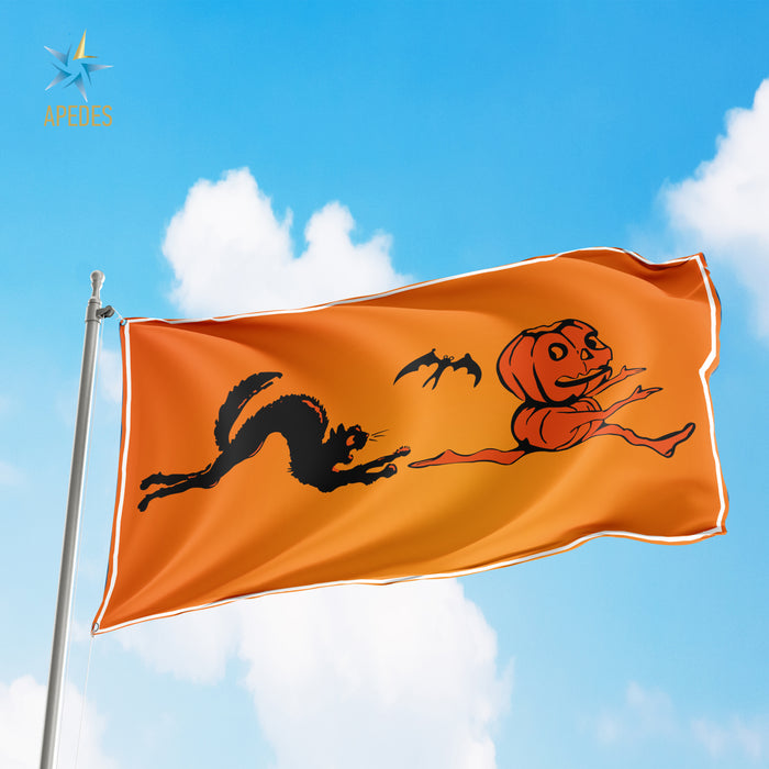 Black Cat Chasing Pumpkin Man Halloween Moonlight Spooky Boo Kitty Joke Funny Meme Sarcasm 3x5 feet Flag Banner