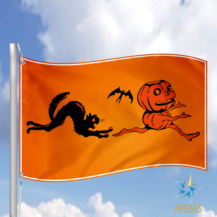 Black Cat Chasing Pumpkin Man Halloween Moonlight Spooky Boo Kitty Joke Funny Meme Sarcasm 3x5 feet Flag Banner