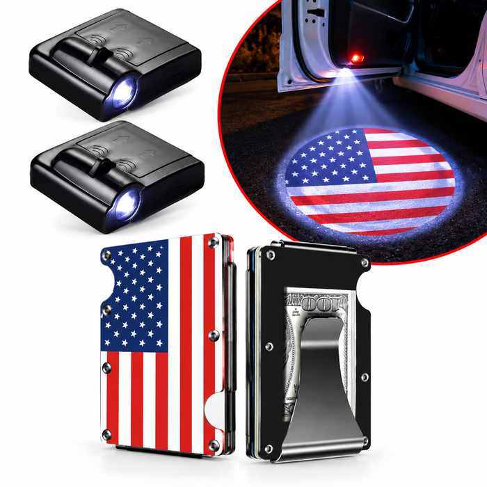 USA Flag Car Door LED Projector Lights (Set of 2) Wireless + FREE USA Flag Wallet