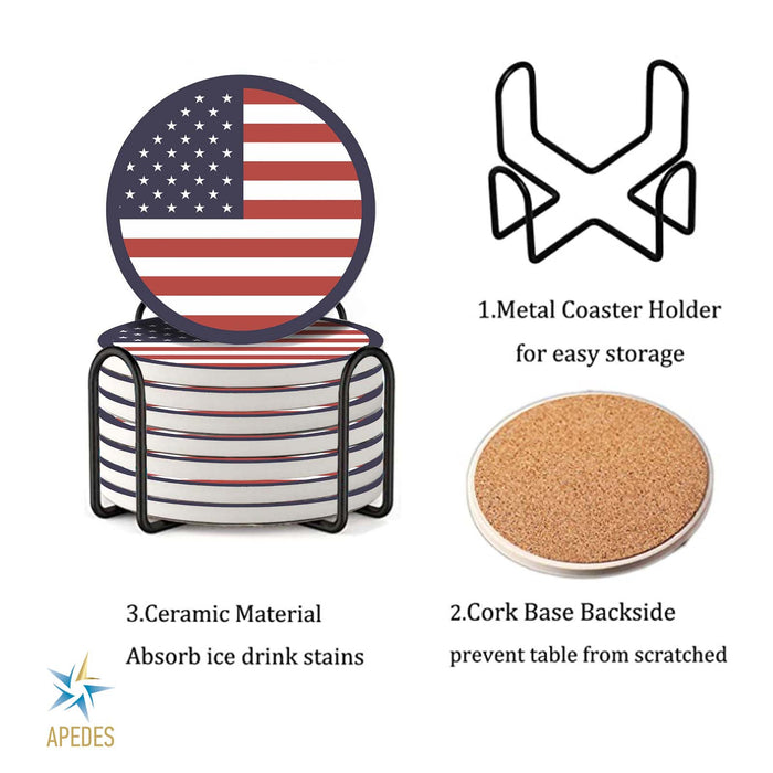USA Flag United States of America Absorbent Ceramic Coasters for Drinks with Holder (Set of 8)