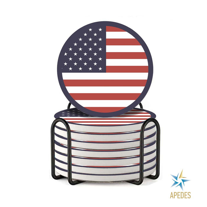 USA Flag United States of America Absorbent Ceramic Coasters for Drinks with Holder (Set of 8)