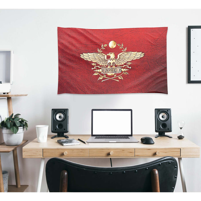 Drapeau De Table Rome SPQR - Dimensions 10 X 15 Cm, Hauteur 30 Cm - Polyester, Mât Plastique Noir - Décoration Bureau, Collection