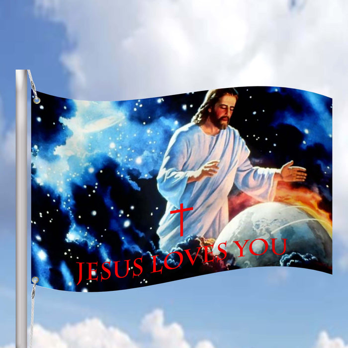 Christian Jesus Loves You Flag Banner